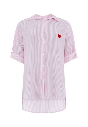 Light pink and white vertical striped button-up shirt with rolled short sleeves and a small red heart on the left chest.