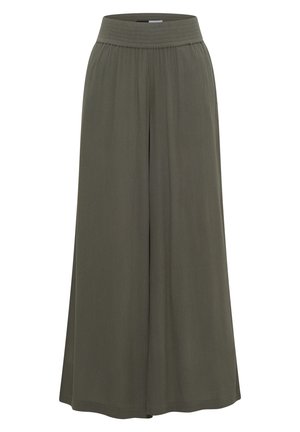 Pantalon taille haute à jambes larges vert olive avec une large ceinture élastique et un tissu fluide et décontracté.