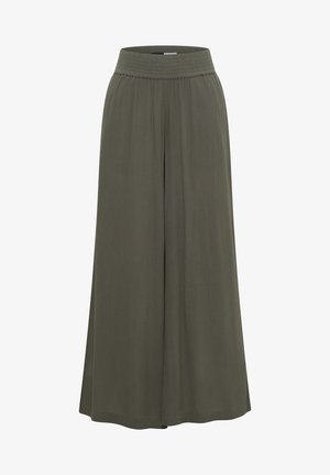 Hoch taillierte, weit geschnittene olivgrüne Hose mit breitem elastischem Bund und lockerem, fließendem Stoff.