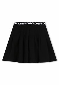 Gonna nera plissettata con cintura elastica, caratterizzata da ripetuti testi bianchi con il logo DKNY.
