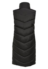 Svart vadderad väst med hög krage, med ett chevron-mönster. Tillverkad av ett slätt, glänsande material, utan synlig hårdvara eller detaljer.