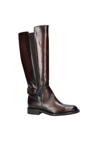 Brown leather knee-high boot with a sleek design, featuring a side zipper, elastic panel, and a buckle accent on the ankle.