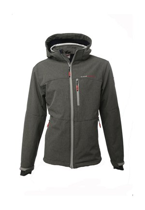 Veste softshell grise avec capuche, fermeture éclair à l'avant, poches zippées poitrine et côtés, et tirettes rouges sur les fermetures éclair.