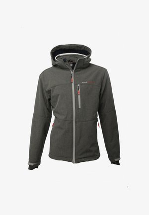 Veste softshell grise avec capuche, fermeture éclair à l'avant, poches zippées poitrine et côtés, et tirettes rouges sur les fermetures éclair.