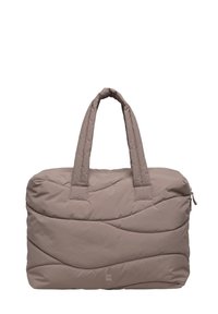 Jasnobrązowa torba na ramię z podszewką o gładkiej fakturze, z wyprofilowanymi wzorami przeszyć i dwoma solidnymi uchwytami. Zamek błyskawiczny po boku.