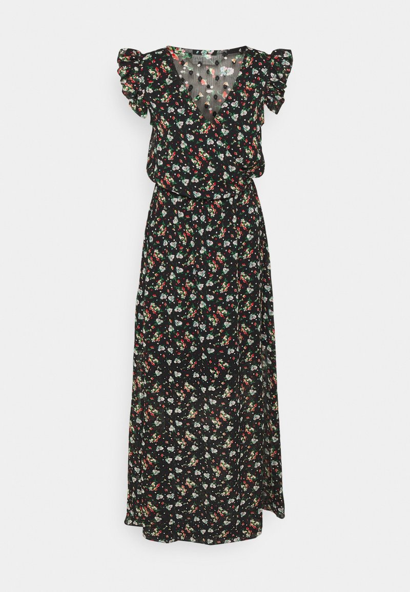 Robe maxi noire à fleurs avec manches courtes bouffantes, col en V et taille froncée, ornée de petits motifs floraux rouges, blancs et verts.