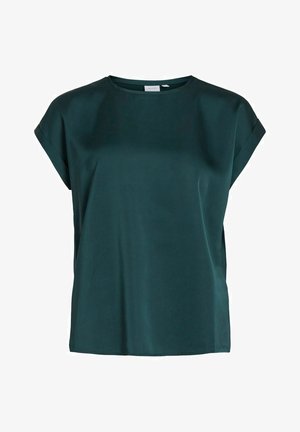 Dark green, short-sleeved blouse in a smooth, shiny fabric. Features a round neck and a relaxed fit with minimal seams and no visible hardware.