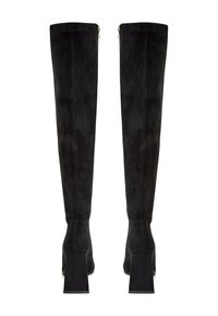 Schwarze Wildleder-Overknee-Stiefel mit einem quadratischen Absatz, einer glatten Oberfläche, seitlichem Reißverschluss und minimalen Nähdetails.