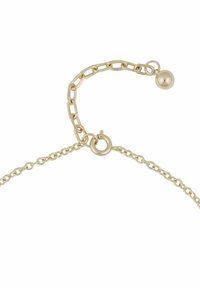 Guldtonad kedja med rund kula som accent, med länkar och ett säkert lås. Slät yta med en glänsande finish, designad för smycken.