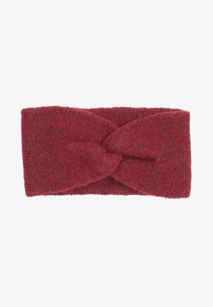 Rotes wollenes Stirnband mit einem gedrehten Knotendesign, strukturierter Stoff und einfarbig. Maße etwa 10 cm breit und 20 cm lang.