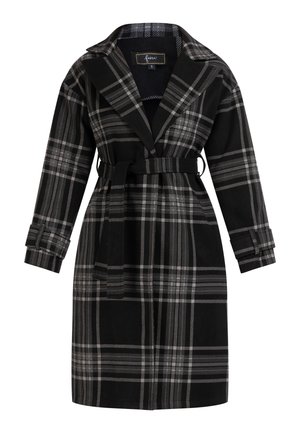 Melnā un pelēkā krāsā izklāta garā mēteli ar plašu apkakli, jostu viduklī un apkaklēm pie piedurknēm, izmērs mazs.