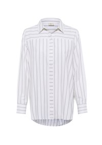 White long-sleeve shirt with gray vertical stripes, button-up front, structured collar, and a rounded hem. Smooth cotton fabric, relaxed fit.