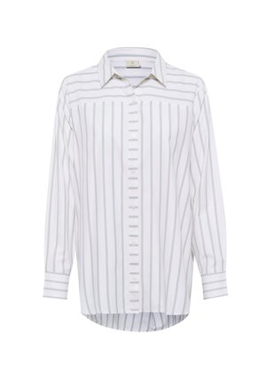 Hvid langærmet skjorte med grå lodrette striber, knaplukning foran, struktureret krave og rundet kant. Glat bomuldsstof, afslappet pasform.