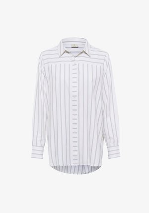 Hvid langærmet skjorte med grå lodrette striber, knaplukning foran, struktureret krave og rundet kant. Glat bomuldsstof, afslappet pasform.
