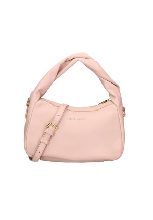 Borsa a mano sintetica rosa con manico annodato, hardware dorato, chiusura con zip e tracolla regolabile. Texture liscia, design minimalista.