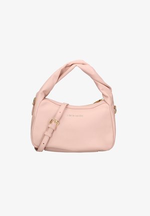 Roze synthetische handtas met een geknoopte handgreep, gouden hardware, ritssluiting en verstelbare schouderband. Gladde textuur, minimalistisch ontwerp.