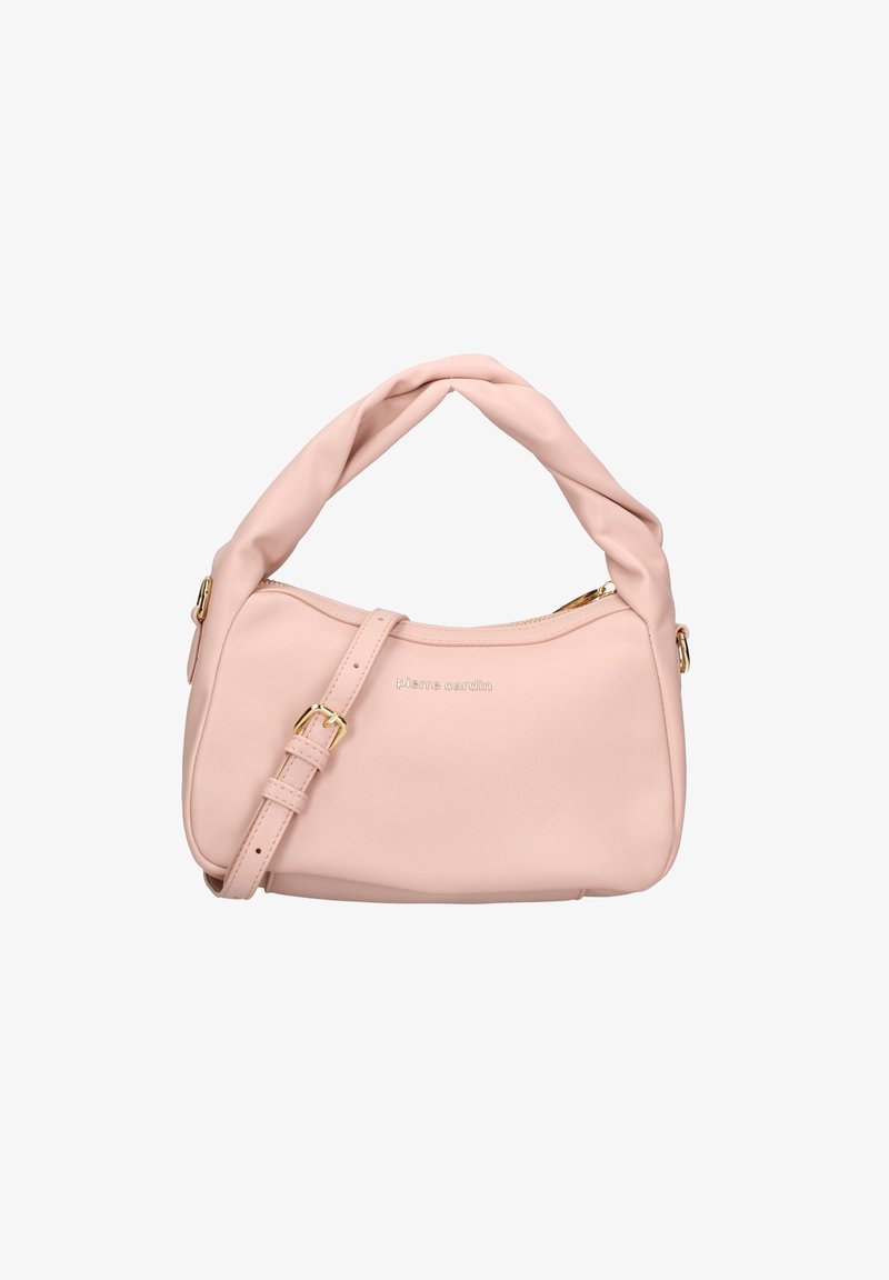 Borsa a mano sintetica rosa con manico annodato, hardware dorato, chiusura con zip e tracolla regolabile. Texture liscia, design minimalista.