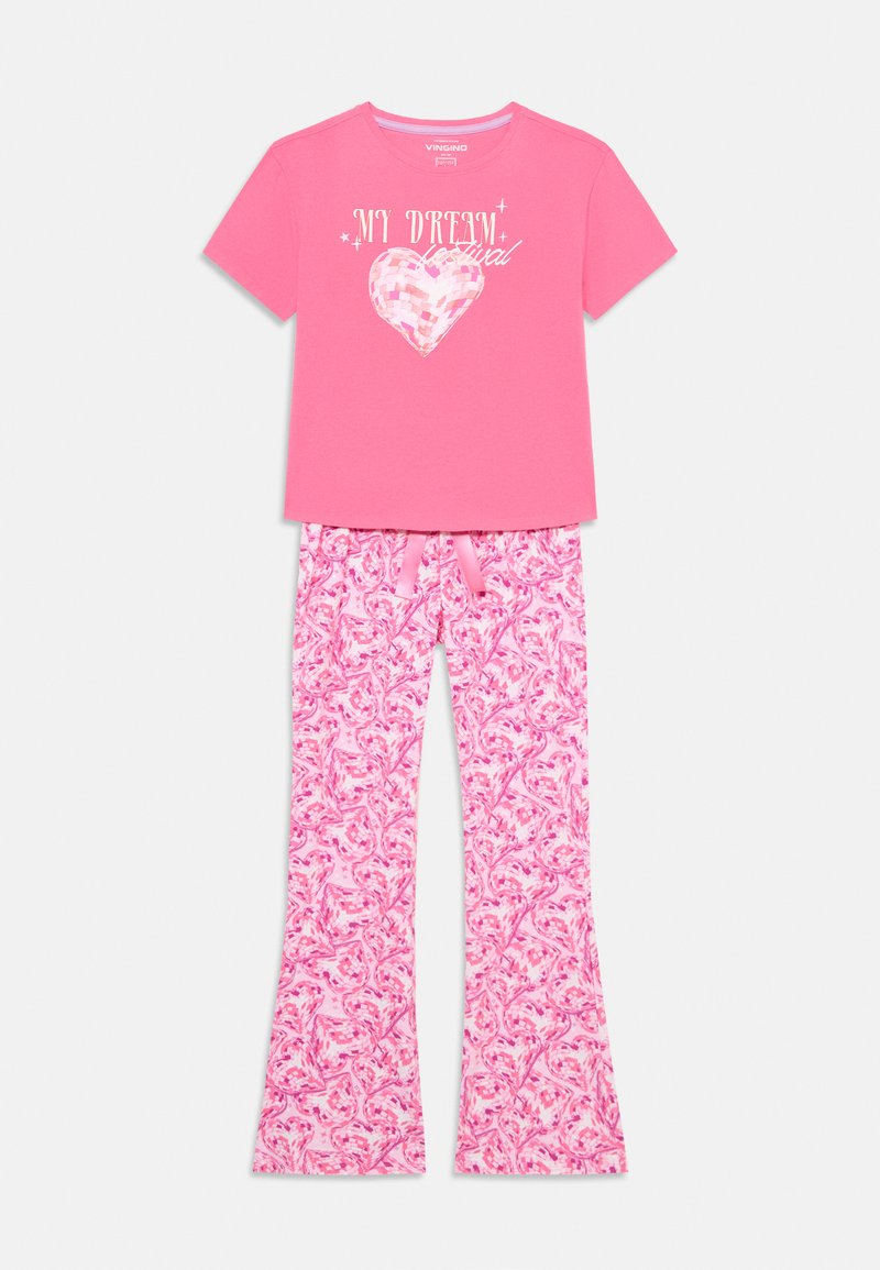 Ensemble de pyjama en coton rose comprenant un haut à manches courtes avec un graphique en forme de cœur et le texte "MON RÊVE", associé à un pantalon évasé à motif floral.