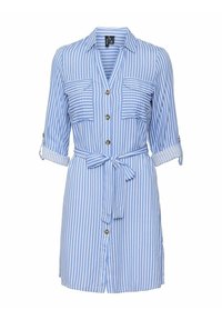Modré a bílé pruhované košilové šaty s krátkými rukávy, dvěma náprsními kapsami a detailem na zavazování v pase. Vyrobeno z lehkého materiálu.