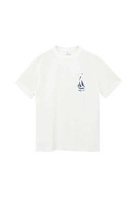 White cotton t-shirt with short sleeves, featuring a navy blue sailboat graphic on the left chest. Simple, classic design with a crew neckline.