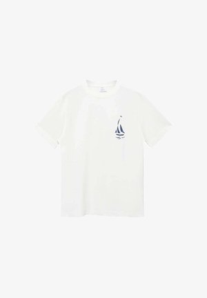 White cotton t-shirt with short sleeves, featuring a navy blue sailboat graphic on the left chest. Simple, classic design with a crew neckline.