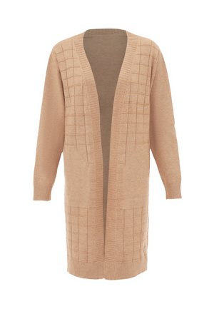 Beige langer Cardigan aus weichem Material, mit einem Karomuster auf der Vorderseite, offener Vorderansicht und gerippten Ärmelabschlüssen.