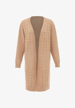 Beige lang cardigan lavet af blødt materiale, med et rutenetmønster på forsiden, åben frontdesign og ribbede manchet detaljer.