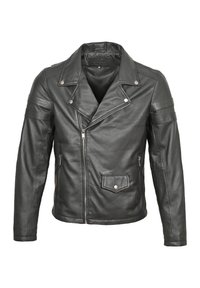 Schwarze Leder-Motorradjacke mit Reverskragen, asymmetrischem Reißverschluss, diagonalen Seitentaschen und gerippten Akzenten an den Ärmeln.