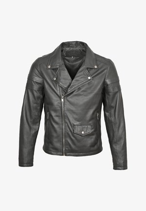 Černá kožená motocyklová bunda s vyčnívajícím límcem, asymetrickým zipem, šikmými bočními kapsami a vroubkovanými detaily na rukávech.