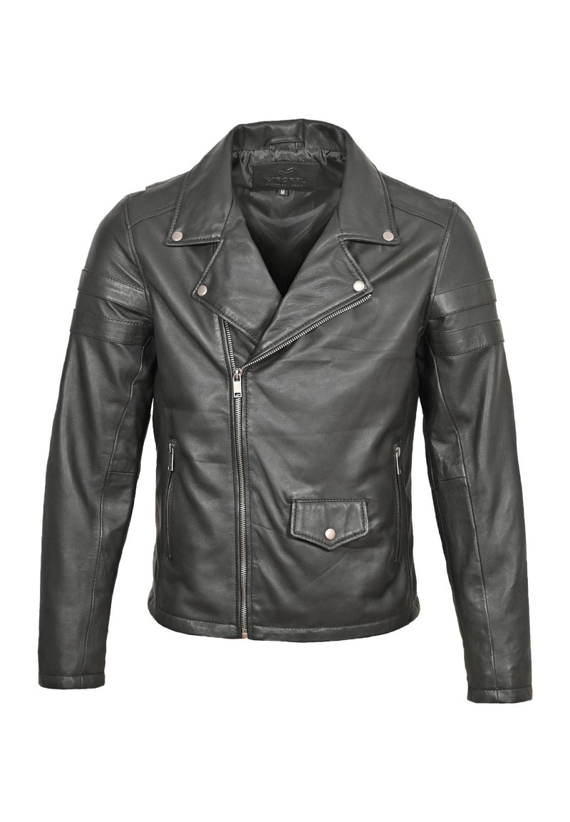 Schwarze Leder-Motorradjacke mit Reverskragen, asymmetrischem Reißverschluss, diagonalen Seitentaschen und gerippten Akzenten an den Ärmeln.