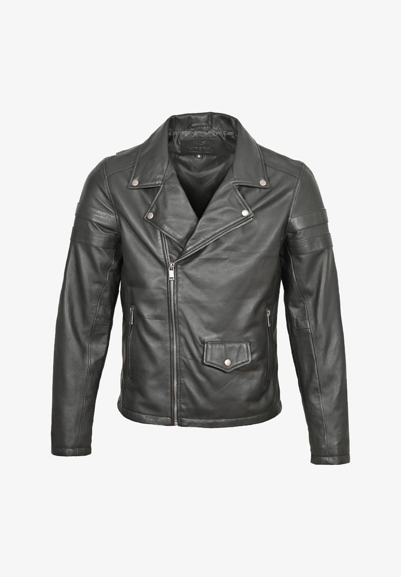 Zwarte leren motorjas met een notch-kraag, asymmetrische rits, diagonale zijzakken en geribbelde accenten op de mouwen.