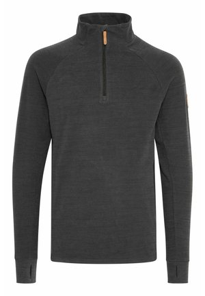 Dark gray pullover with a high collar, featuring a half zipper and tapered sleeves with thumbholes, made from textured fabric.