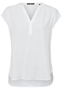 Blouse blanche à manches courtes en forme de cap, avec un col en V et un ourlet légèrement courbé. Fabriquée à partir d'un tissu léger et lisse, elle présente un léger plissé au niveau des épaules.