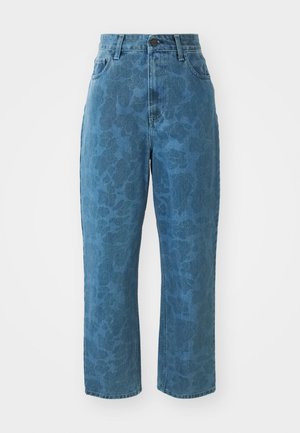 Jeans in denim azzurro chiaro con una texture a motivo sottile, vita alta e gamba dritta. Presentano una chiusura con bottone e zip frontale.