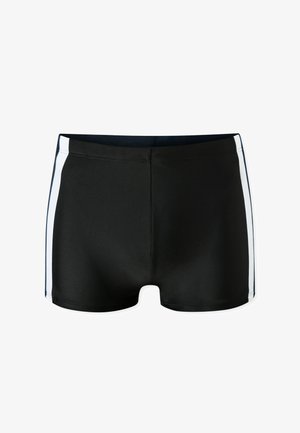 Zwarte zwemshorts met witte verticale strepen aan de zijkant, een rechte tailleband en een aansluitend kort broekspijpje.