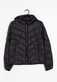 Black puffer jacket with a chevron quilted pattern, zip front, drawstring hood, and snap button details on the sides.