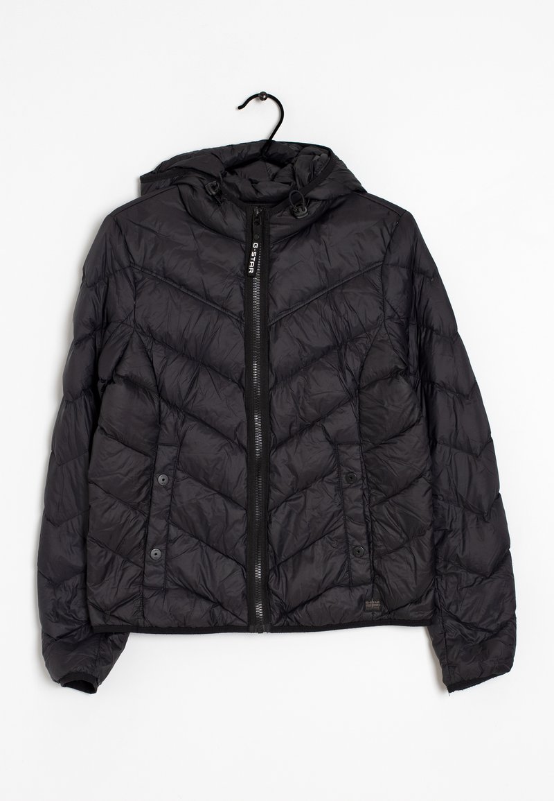 Black puffer jacket with a chevron quilted pattern, zip front, drawstring hood, and snap button details on the sides.