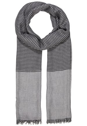 Écharpe noir et blanc avec motif pied-de-poule sur la moitié supérieure et rayures verticales sur la moitié inférieure, bords légèrement effilochés.
