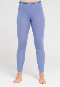 Blå leggings lavet af et blødt, strækbart stof. Har et tætsiddende design, ankelmanchetter og en elastisk talje med logo-tekst.