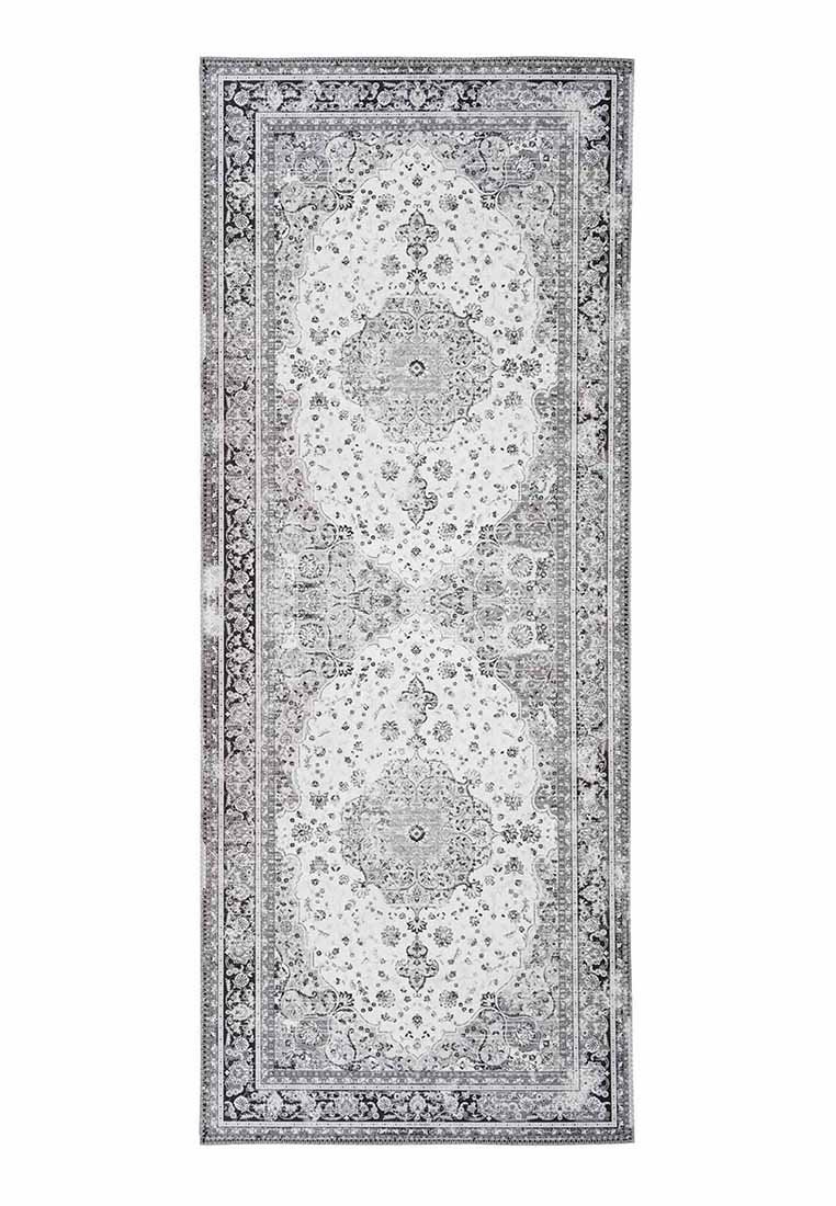 Rechteckiger Teppich mit einem detaillierten Blumen- und Medaillonsmuster in Grautönen und Weiß, ausgestattet mit einem gerahmten Design und weicher Textur.
