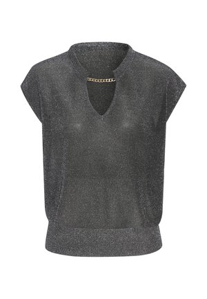 Dunkelgraues Strickoberteil mit kurzen Ärmeln, dezent schimmernd, mit geripptem Saum, V-förmigem Ausschnitt und kleinem goldenen Kettendetail entlang des Halsausschnitts.