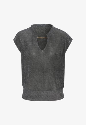 Dunkelgraues Strickoberteil mit kurzen Ärmeln, dezent schimmernd, mit geripptem Saum, V-förmigem Ausschnitt und kleinem goldenen Kettendetail entlang des Halsausschnitts.