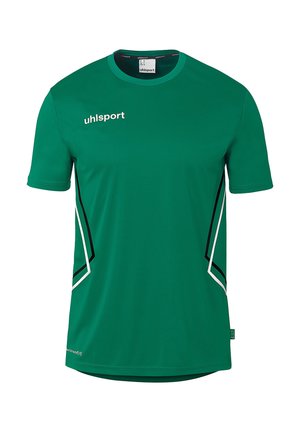 Grünes kurzärmeliges Sportshirt mit „uhlsport“-Logo auf der Brust und schwarzen und weißen eckigen Streifen an jeder Seite unter den Ärmeln.