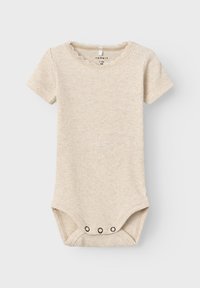 Short-sleeve infant bodysuit in light beige ribbed fabric with lace trim at the collar and snap closure at the bottom.