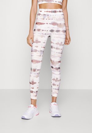 Hoogwaardige leggings met een aquarel abstract patroon in pastelkleuren van roze, paars en wit; lichtgewicht, rekbaar materiaal.
