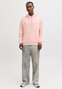 Felpa con cappuccio color rosa chiaro con tasca a marsupio, indossata con jeans sbiaditi a gamba larga e sneakers beige. Design semplice e pulito.