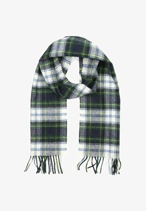 Geruite sjaal in donker groen, marineblauw en wit met franjeranden. Gemaakt van zachte stof, met een klassiek geruit patroon.