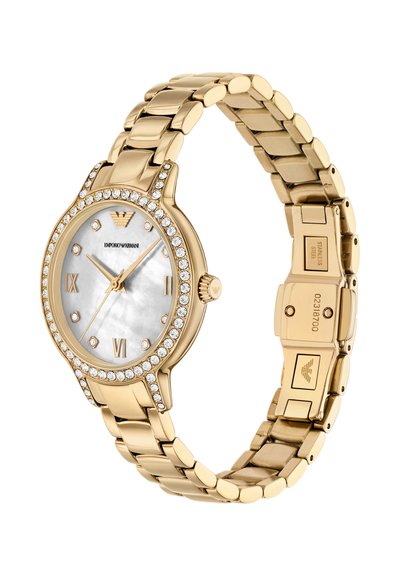 Goldfarbene Emporio Armani Armbanduhr mit Kristalllünette, Perlmuttzifferblatt, römischen Zahlen und Edelstahl-Gliederarmband mit Verschluss.