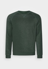 Felpa verde scuro con collo a giro, maniche raglan lunghe e polsini a coste. Texture morbida, design minimalista, senza motivi visibili.