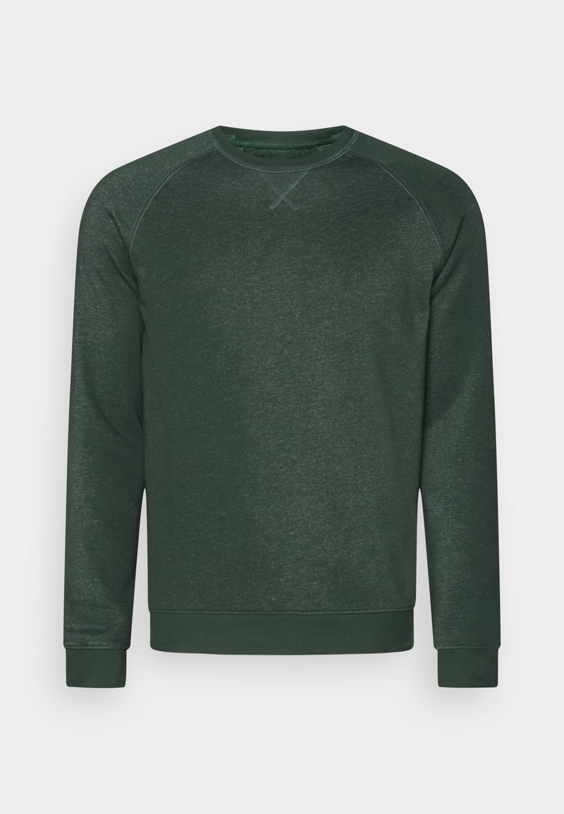 Felpa verde scuro con collo a giro, maniche raglan lunghe e polsini a coste. Texture morbida, design minimalista, senza motivi visibili.